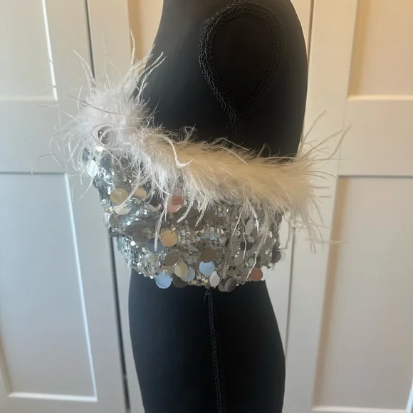 Silver Sequin Feather Tube Top - Picture 5 of 10